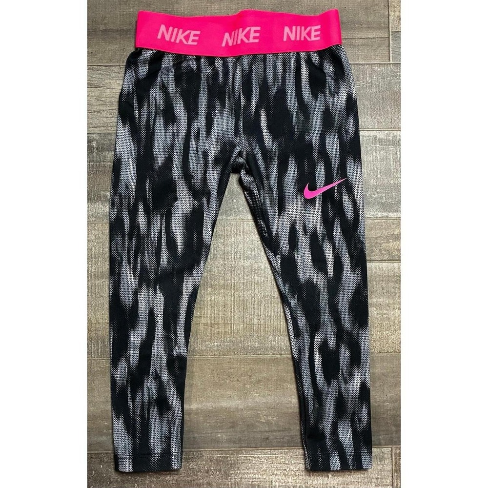 Nike Girls Dri-FIT Black White Printed Leggings Hot Pink - Size 4